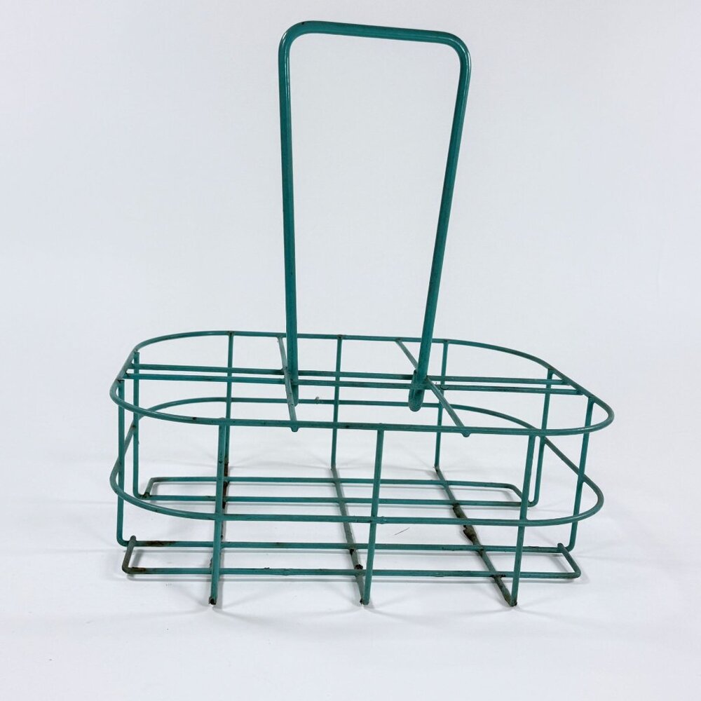Vintage Teal Blue Wire Milk Bottle Carrier Rustic Farmhouse Metal Crate